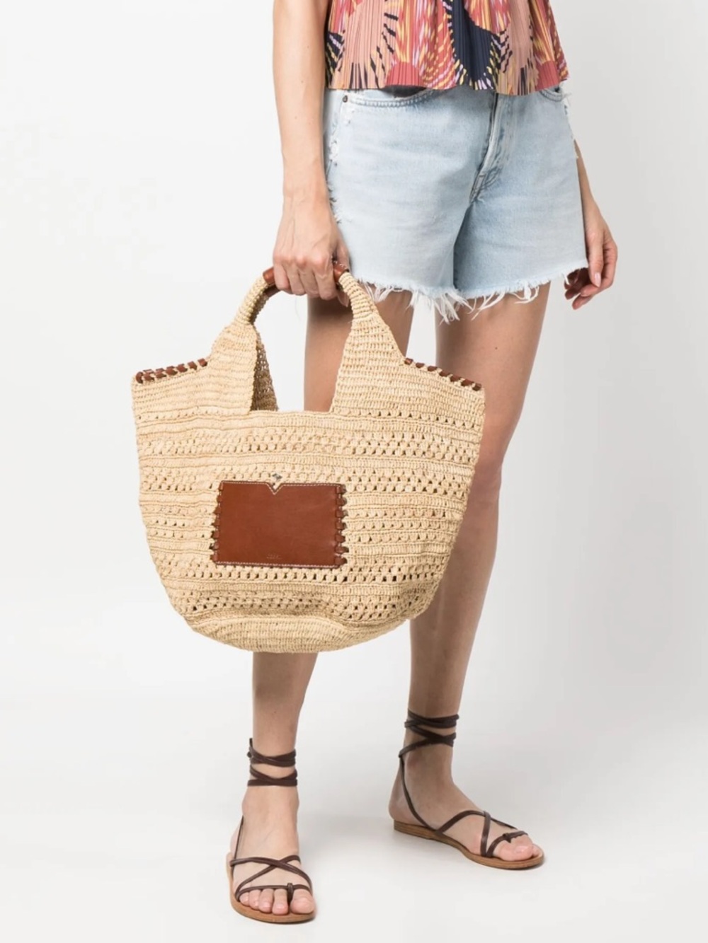 ba&sh Beige Crochet Tote with Brown Leather Accents
